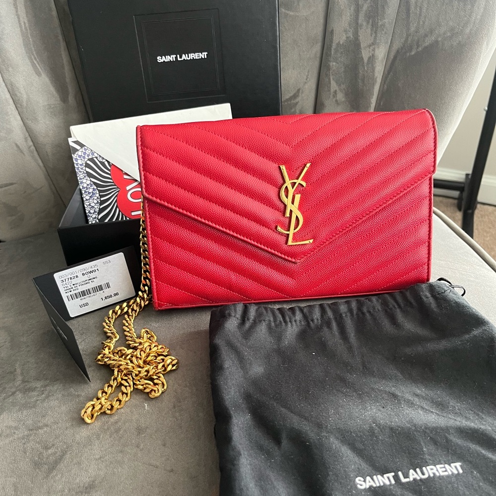 YSL Monogram Chain Wallet Grain De Poudre New Red